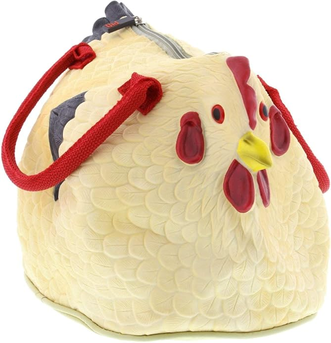 Cream rubber chicken purse with red handles