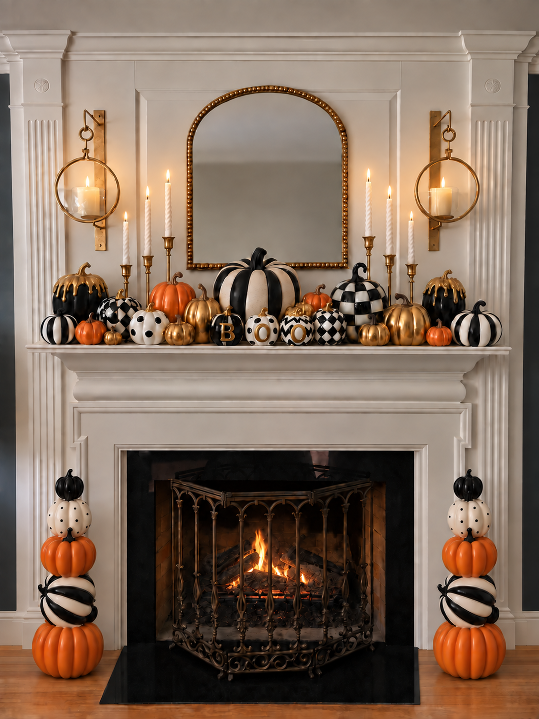 Black, white, gold, and orange pumpkins arranged on a Halloween fireplace mantel