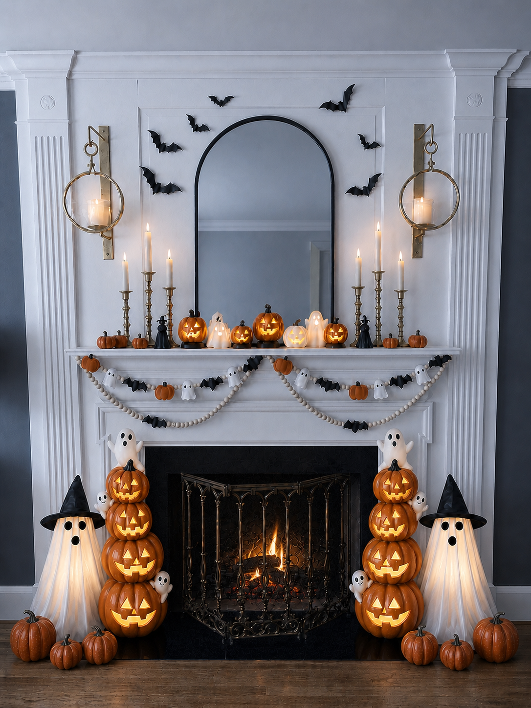 Halloween fireplace styled with pumpkins, ghosts, bats, and garland