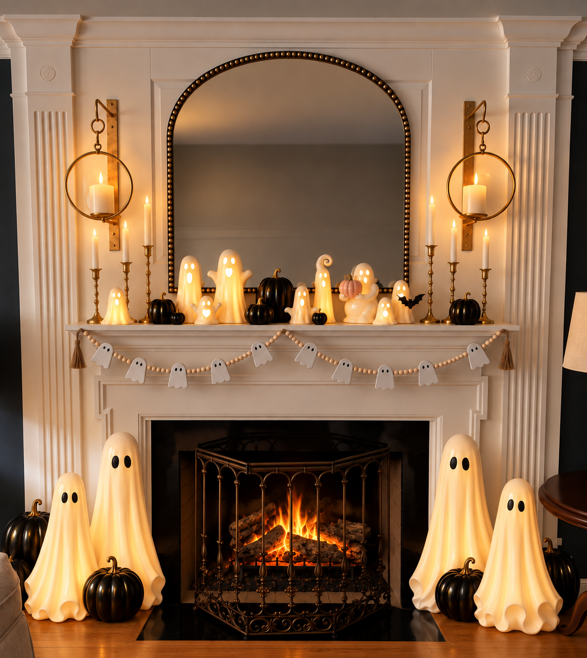 Softly glowing cream ghosts, small black pumpkins, and warm gold candles on a mantel