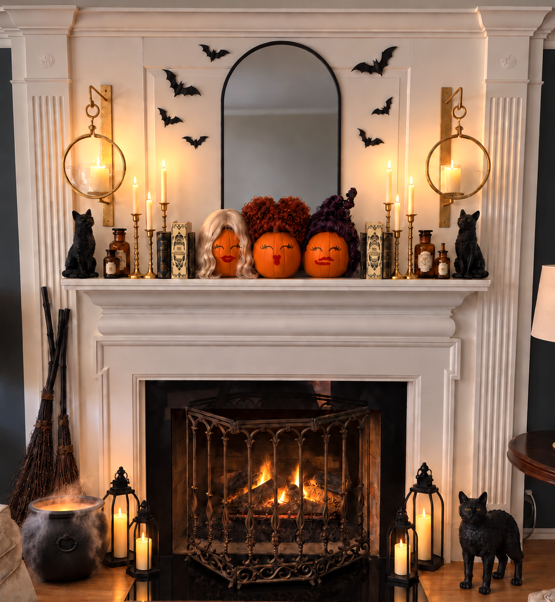 Three character witch pumpkins, potion bottles, black cats, and candlelight on a Halloween mantel