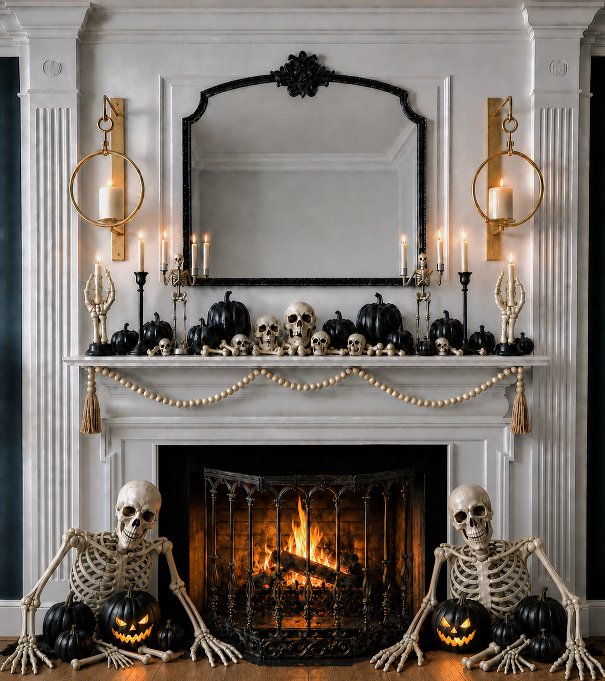 Black pumpkins, skulls, bone garland, and two skeletons gathered around a dramatic Halloween fireplace