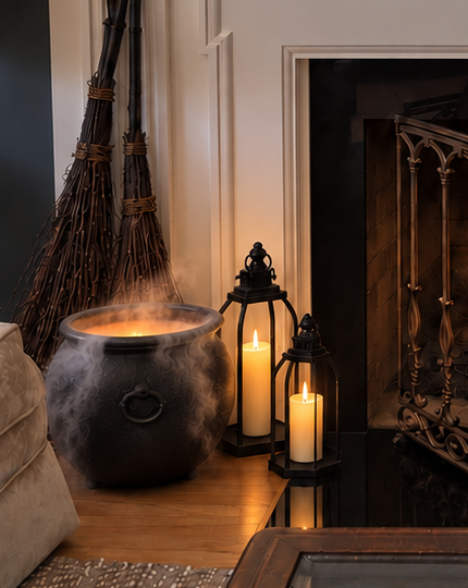 Glowing Halloween cauldron filled with mist beside the fireplace