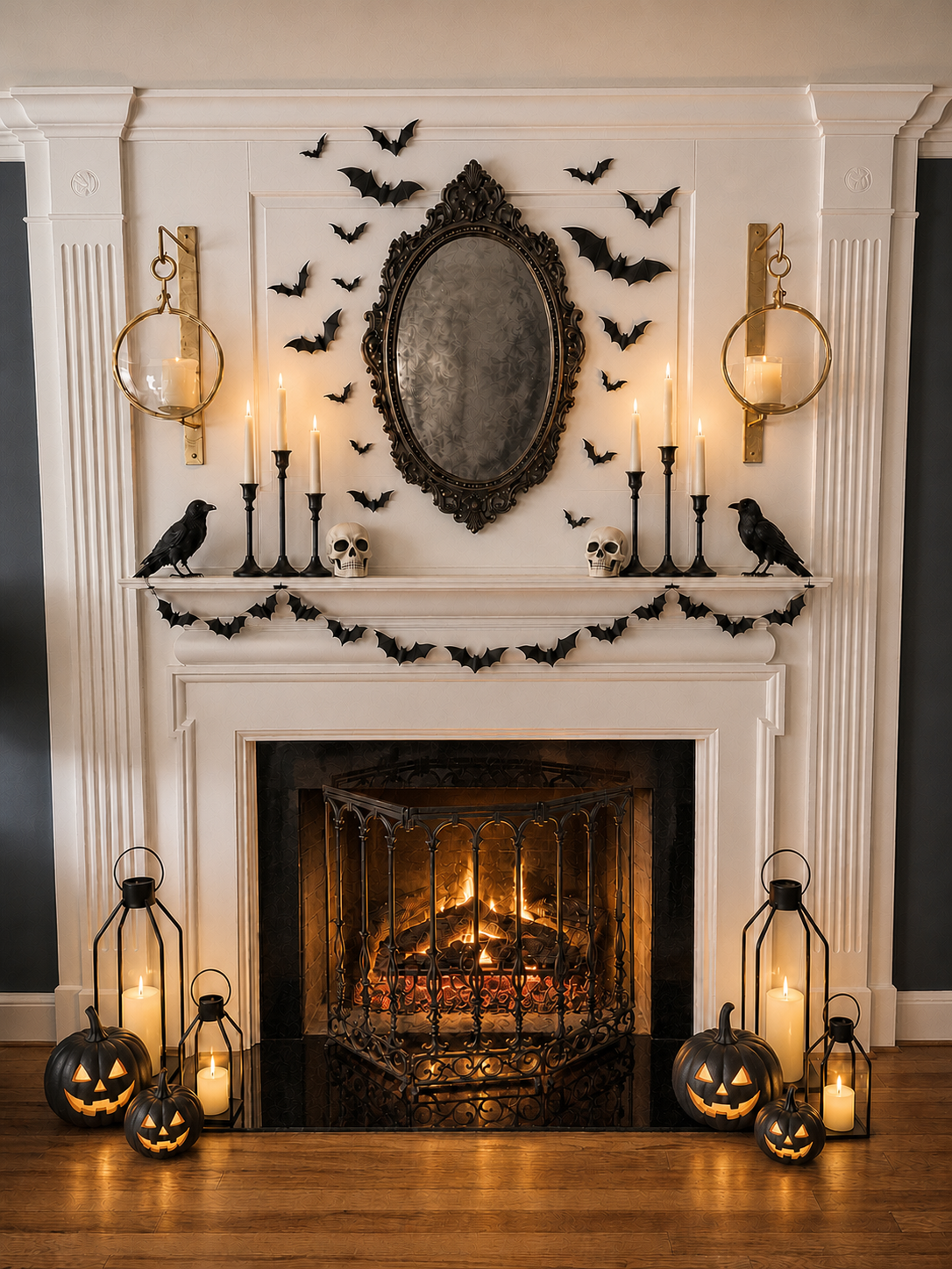 Moody Halloween fireplace with bats, skulls, black crows, lanterns, and an ornate dark mirror