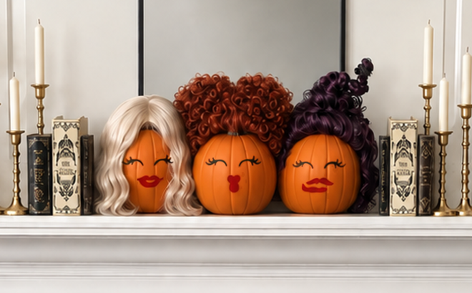Three painted witch pumpkins wearing blonde, red, and brunette wigs